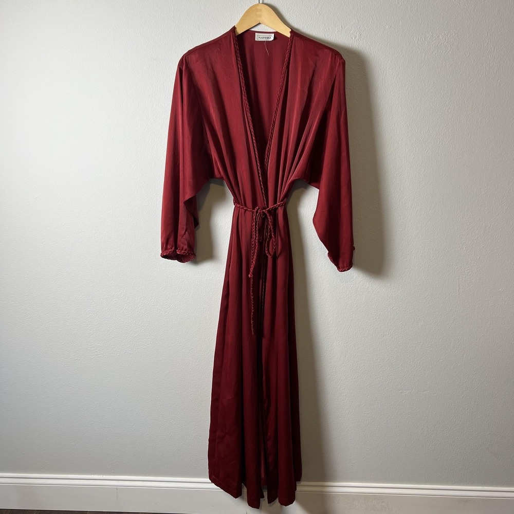 Natori Robe Womens Medium Red Kimono Maxi Wrap Belted‎ Loungewear Boho Elegant